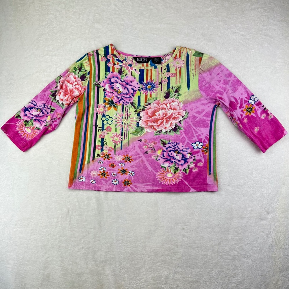 Y2K Take Two Top Womens M Pink Floral Sequin Regular 3/4 Sleeve 100% Cotton Tee